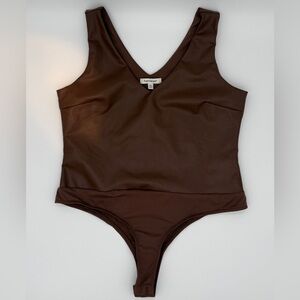 Francesca's Chocolate VNeck Bodysuit NWT Size XL Faux Leather Snap Closure Brown